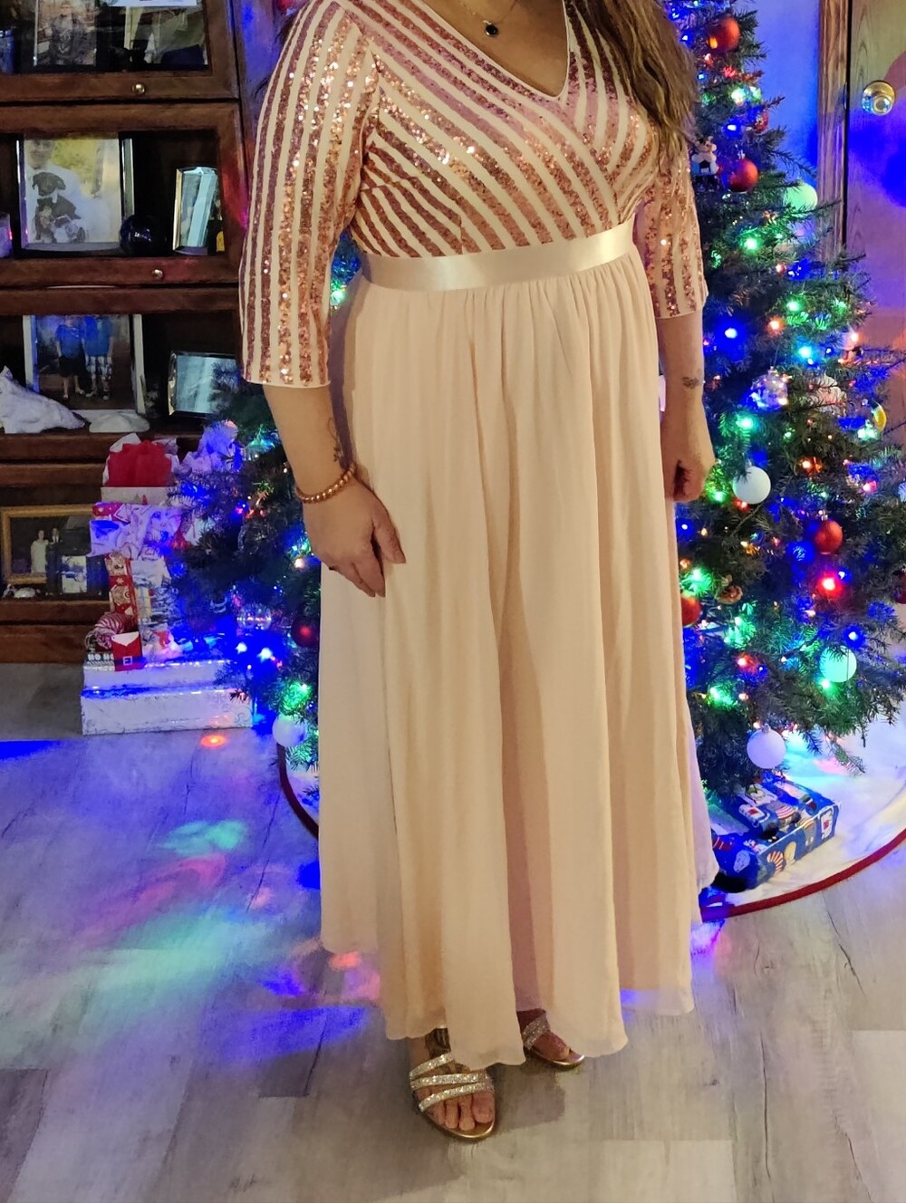 Pink Sequin Bodice Chiffon Dress